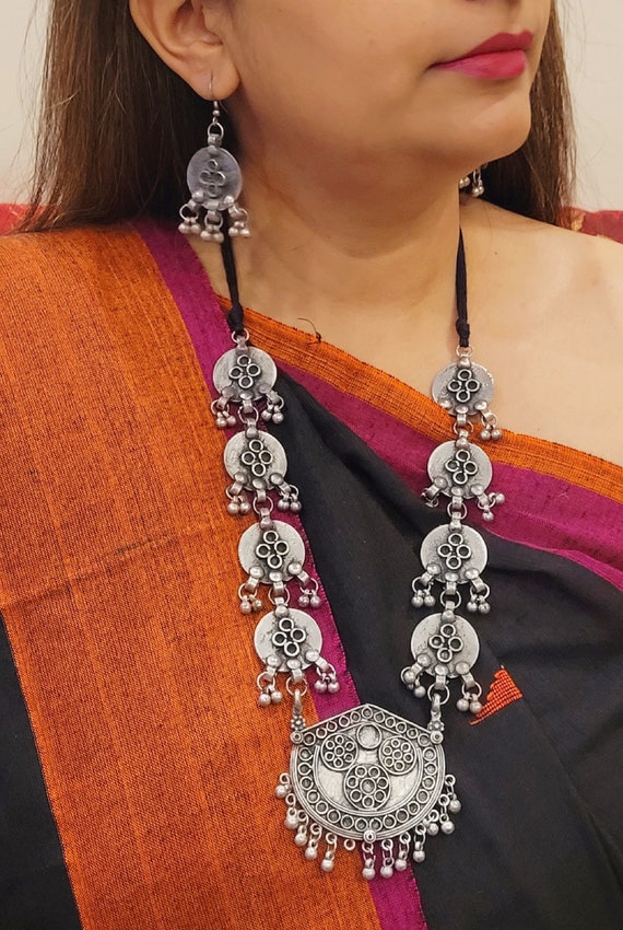 Antique Silver Oxidised Long Ghungroo Necklace and Earrings