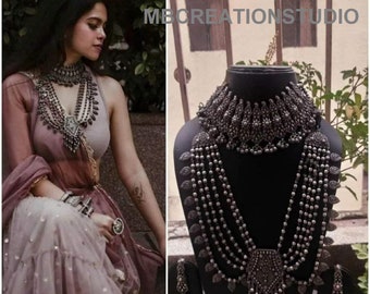 Hermoso juego de joyas de 2, collar indio estilo Bollywood oxidado de plata, joyería Wdding, étnico, aspecto afgano, envío gratis