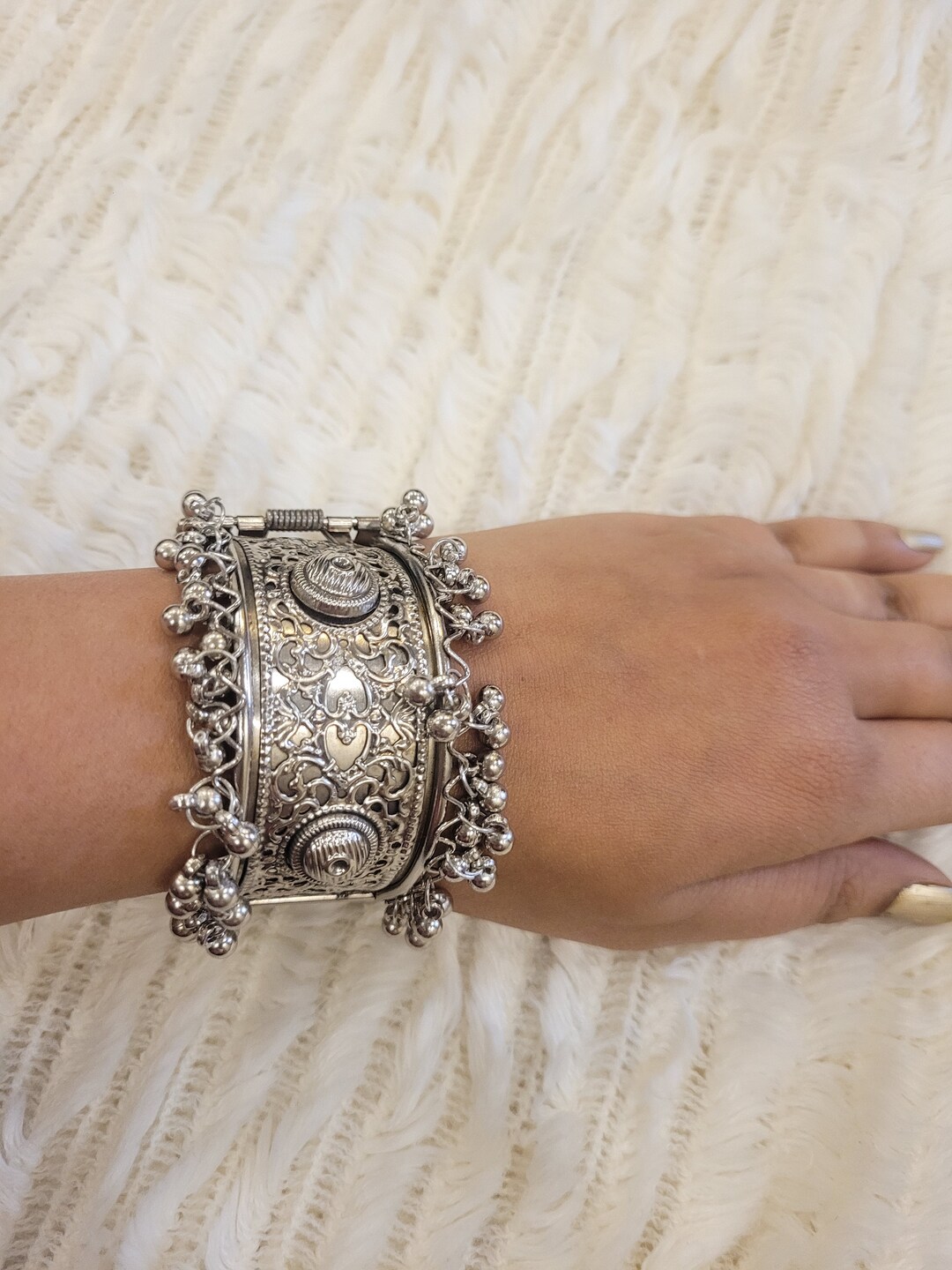 Designer Silver Oxidised Ghungroo Bracelet, Afghani Look