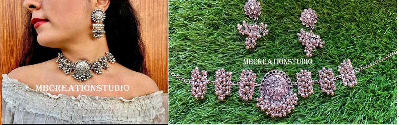 Oxidized Necklace Free Shipping Indian Handmade choker with earrings Antique Silver Oxidized choker set