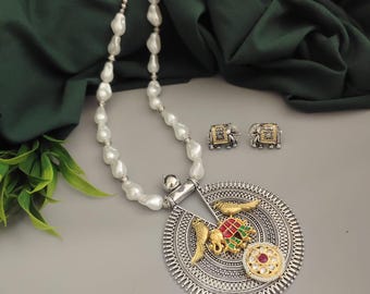 Dual Tone Stone Stud Silver Replica Fusion Necklace and Earrings, Indian Ethnic Jewelry for Women, Gothic, Gift For Her, Free Shipping
