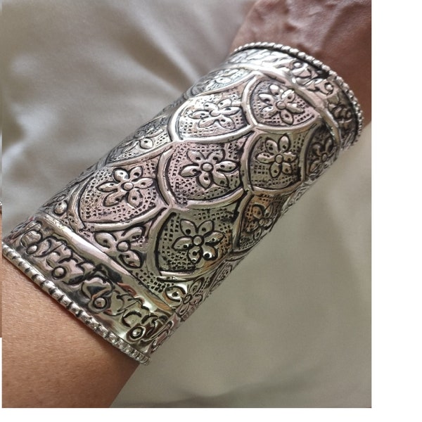 Long Kada, Long Handcuff, Indian Oxidized Jewelry, Single Bracelet, Handcrafted, Floral Embossed, Tribal, Banjara, Gift for her