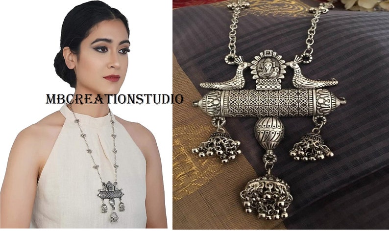 Afgani Jewelry, Boho statement Jewelry, Silver oxidised necklace set, Indian Jewelry, Peacock necklace, German silver Jewelry, Free shipping Necklace + Earrings