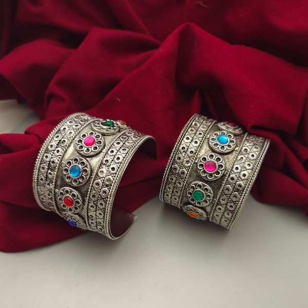 Fusion Style Stone Broad Bangle Set, Silver Oxidised Cuff Bracelet, Adjustable, Free Size Bangles, Indian Jewelry for Women, USA, Free Shipp