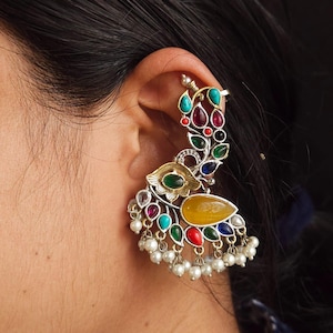 Celebrity Inspired Dual Tone Premium Stone Ear cuff Earring, Indian Jewelry, KaanPhol, Gift for Her, Indo-Wetern, Bugadi, Gift for Her, USA