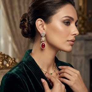 May include: A pair of drop earrings featuring a top round light green stone, a middle cluster of multicolored gemstones, and a large oval red stone at the base, all set in gold. A matching gold chain necklace with small multicolored stones is also visible.