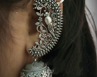 Silver Bird Jhumka Earring Cuff, Bollywood Indian Jewelry - Delivery Duty Paid