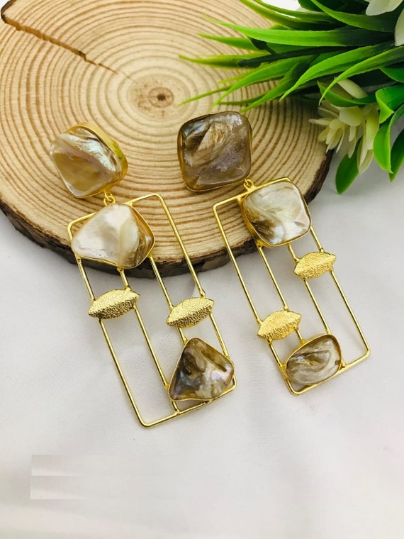 Uncut Stone Earrings Fashion Long Earring Gold Polish Oxidized
