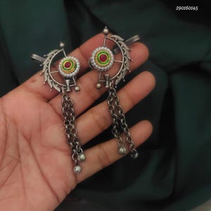 New Trending Silver Replica Stone Stud Ghungroo Ear cuff Fusion  Earring, Ear wrap, Ear clip, Bugadi Indian Jewelry, Gift For Her, USA