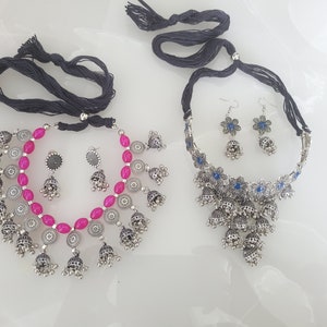 Jewelry Combo Set of 2, Silver Oxidised Long and Short Necklace Set, Indian Stone Jhumki Jewelry For Women, USA, Free Shipping