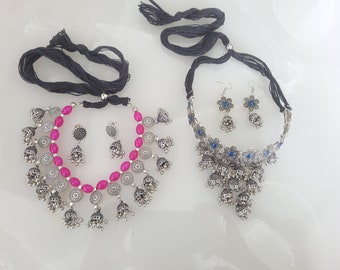 Oxidized Silver Jhumki Jewelry Set, Indian Necklace Earrings Combo - Delivery Duty Paid