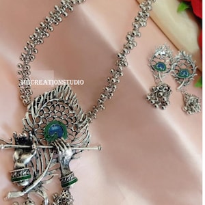 Trending Silver Oxidized Krishna Ghungroo Fusion Necklace and Earrings, Ethnic, Indian Jewelry, Gift for Her, USA, Free Shipping