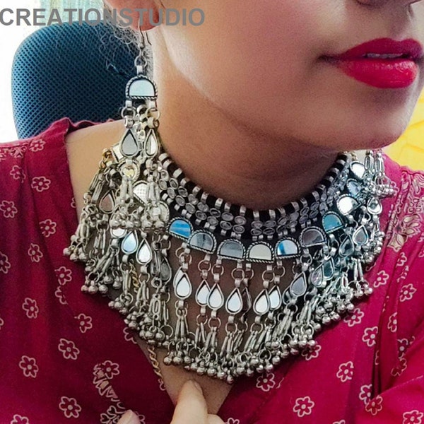 Mirror Jewelry Set, Afghani Look, Bollywood Style Indian Jewelry, Necklace and Earrings, Free Shipping