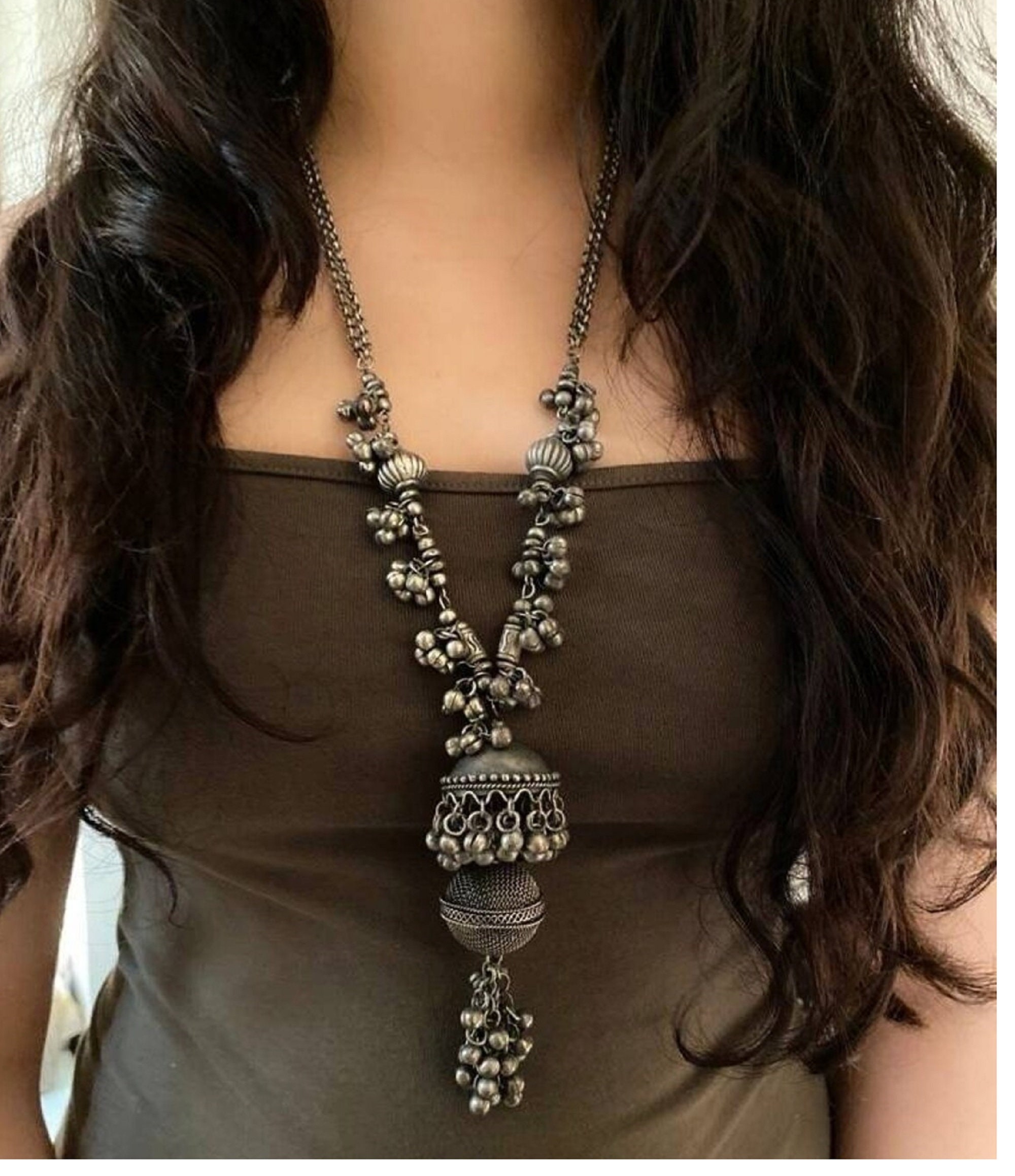 Bollywood Style Antique Jhumka Long Necklace Banjara Gothic