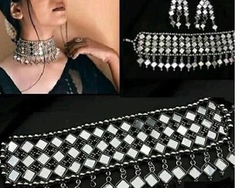 Mirror choker set with earrings discount