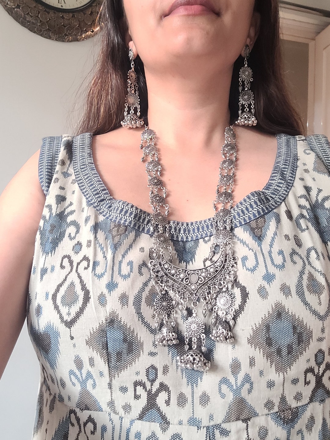Navratri Ethnic Silver Oxidised Floral Design Ghungroo Long Necklace Jewellery With Jhumka Earrings Set For Women/Girls