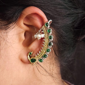 Celebrity Inspired Dual Tone Gold-Plated Stone Stud Peacock Ear cuff Earring, Ear wrap, Ear clip, Bugadi Indian Jewelry, Gift For Her, USA