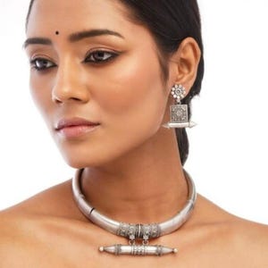 Collar y pendientes Hasli Fusion de dos tonos premium, gargantilla de puño, joyería étnica india para mujer, regalo para ella, EE. UU., envío gratis
