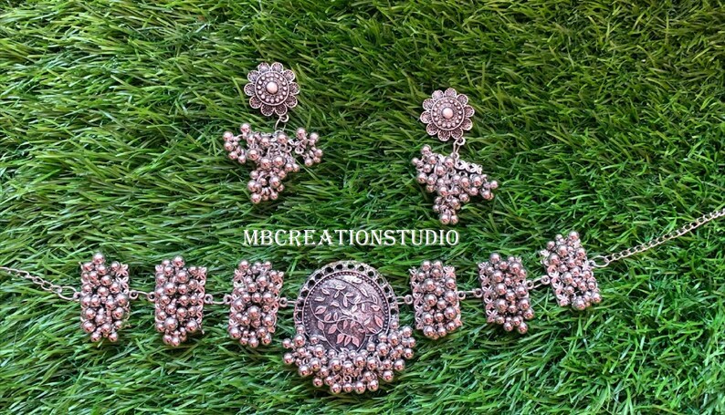 Oxidized Necklace Free Shipping Indian Handmade choker with earrings Antique Silver Oxidized choker set