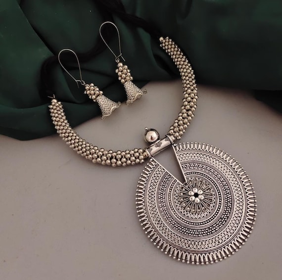 Silver Look a Like Ghungroo Ethnic Choker Necklace and Earrings