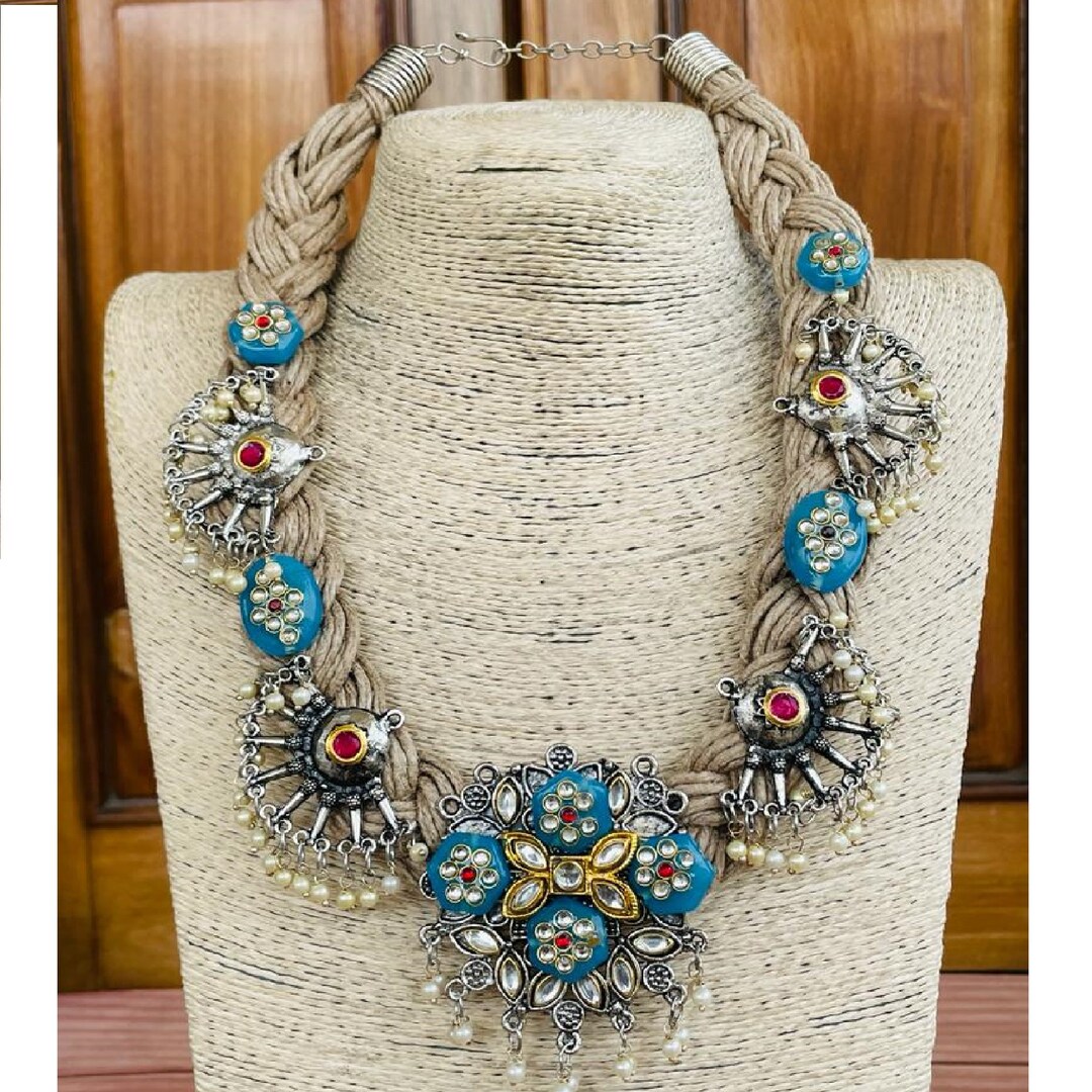 Jute Necklace, Fusion Design Kundan Embellished Stone Silver Oxidized