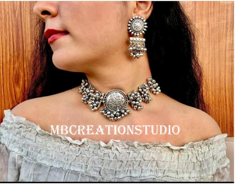 Oxidized Necklace Free Shipping Indian Handmade choker with earrings Antique Silver Oxidized choker set