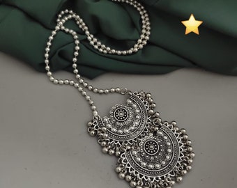 Dual Pendant Afghani Chand Jewelry Set, Oxidised Silver Ghungroo Moon Style Long Statement Necklace, Indian jewelry, Free Shipping