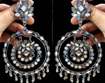 Mirror look Earrings,Afghani boho-hippie Earrings,Oxidised Earrings | Free shipping