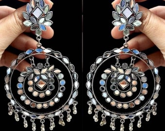 Mirror look Earrings,Afghani boho-hippie Earrings,Oxidised Earrings | Free shipping