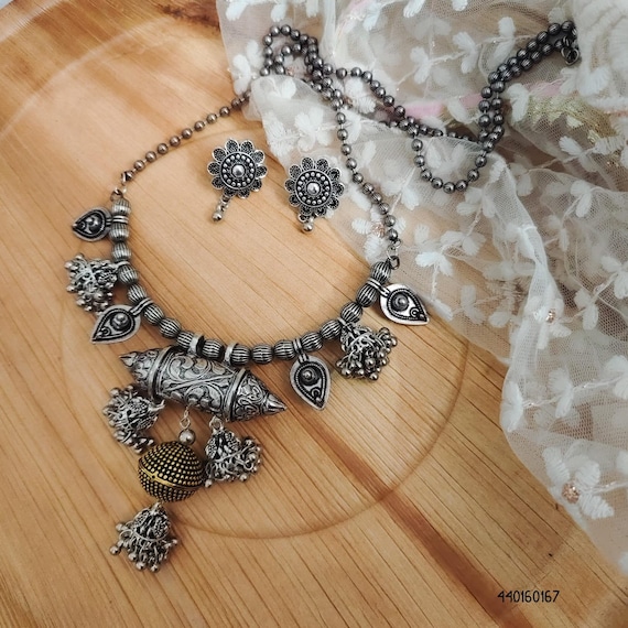 Silver Look a Like Dual Tone Long Ghungroo Jhumki Necklace and