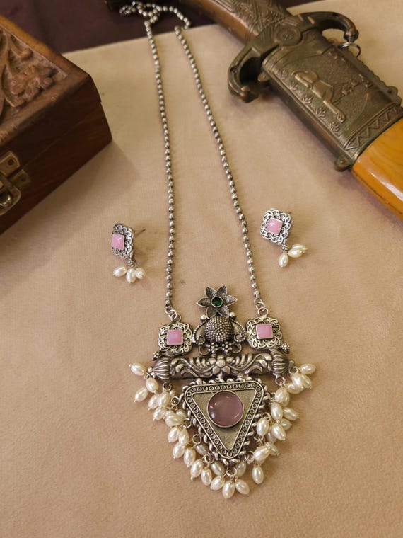 Oxidized German Silver Stone Necklace and Earrings, Indian Jewelry SetDelivery Duty Paid