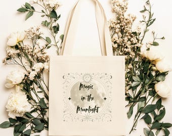 Magic in the Moonlight Tote Bag, Sacred Geometry, Sun & Moon Symbols, Cotton Canvas, Mystic Aesthetic Tote, Perfect Gift for Moon Lovers