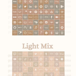 Op de afbeelding: Een raster met 64 sociale media-pictogrammen in twee kleurenschema's: brons en licht. De pictogrammen zijn gerangschikt in een vierkant raster met een witte achtergrond. De pictogrammen zijn allemaal in een eenvoudige, minimalistische stijl. De bovenste rij van het raster is gelabeld "Bronze Mix" en de onderste rij is gelabeld "Light Mix".