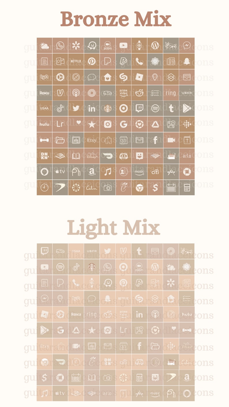 Op de afbeelding: Een raster met 64 sociale media-pictogrammen in twee kleurenschema's: brons en licht. De pictogrammen zijn gerangschikt in een vierkant raster met een witte achtergrond. De pictogrammen zijn allemaal in een eenvoudige, minimalistische stijl. De bovenste rij van het raster is gelabeld "Bronze Mix" en de onderste rij is gelabeld "Light Mix".