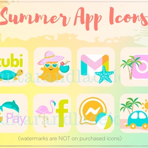 May include: Nine colourful app icons with summer themes. The icons include a turtle, a sunbather, a mailbox, a camera, a dolphin, a flamingo, a chat bubble, a car, and a palm tree.