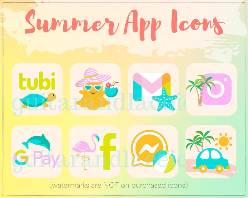 May include: Nine colourful app icons with summer themes. The icons include a turtle, a sunbather, a mailbox, a camera, a dolphin, a flamingo, a chat bubble, a car, and a palm tree.