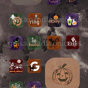 May include: A set of Halloween-themed app icons with a spooky, vintage aesthetic. The icons feature various Halloween symbols like ghosts, pumpkins, bats, spiders, and witches. The background is a dark, starry night sky.