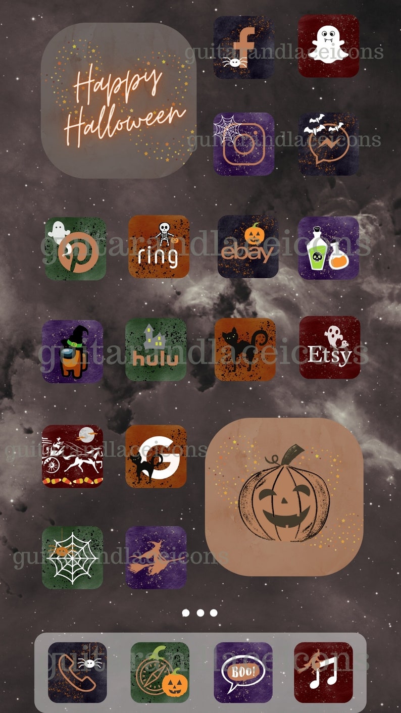 May include: A set of Halloween-themed app icons with a spooky, vintage aesthetic. The icons feature various Halloween symbols like ghosts, pumpkins, bats, spiders, and witches. The background is a dark, starry night sky.