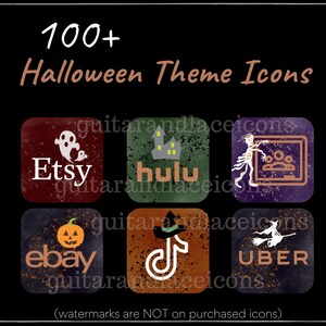 May include: A set of nine Halloween themed social media icons. The icons are in a grid of three rows and three columns. The icons are for Etsy, Hulu, Uber, Ebay, TikTok, and other popular apps. The icons are all in a spooky Halloween theme with ghosts, witches, and pumpkins.