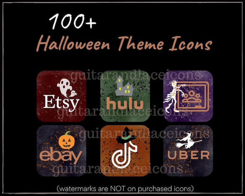 May include: A set of nine Halloween themed social media icons. The icons are in a grid of three rows and three columns. The icons are for Etsy, Hulu, Uber, Ebay, TikTok, and other popular apps. The icons are all in a spooky Halloween theme with ghosts, witches, and pumpkins.
