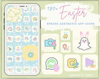 May include: Aesthetic app icon set with a spring and Easter theme. The phone screen displays app icons with floral and bunny designs. The image includes the text "180+ Easter Spring Aesthetic App Icons".