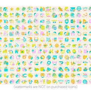 May include: A collection of 100 colourful app icons with a summer theme. The icons are arranged in a grid pattern and feature various popular apps, including Amazon, Netflix, Uber, and Instagram. The background is a light beige with palm trees and seashells.