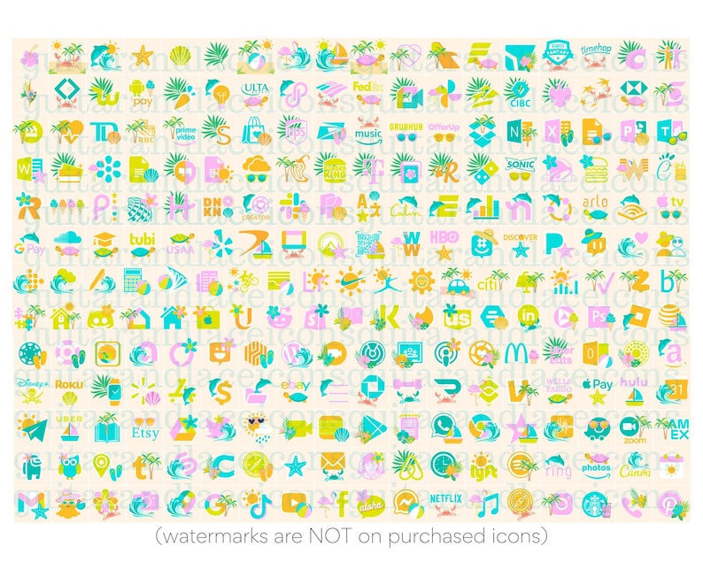 May include: A collection of 100 colourful app icons with a summer theme. The icons are arranged in a grid pattern and feature various popular apps, including Amazon, Netflix, Uber, and Instagram. The background is a light beige with palm trees and seashells.
