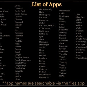 May include: A black and white list of popular apps, including social media, shopping, and financial apps. The list is titled "List of Apps" and includes a note at the bottom that says "app names are searchable via the files app".