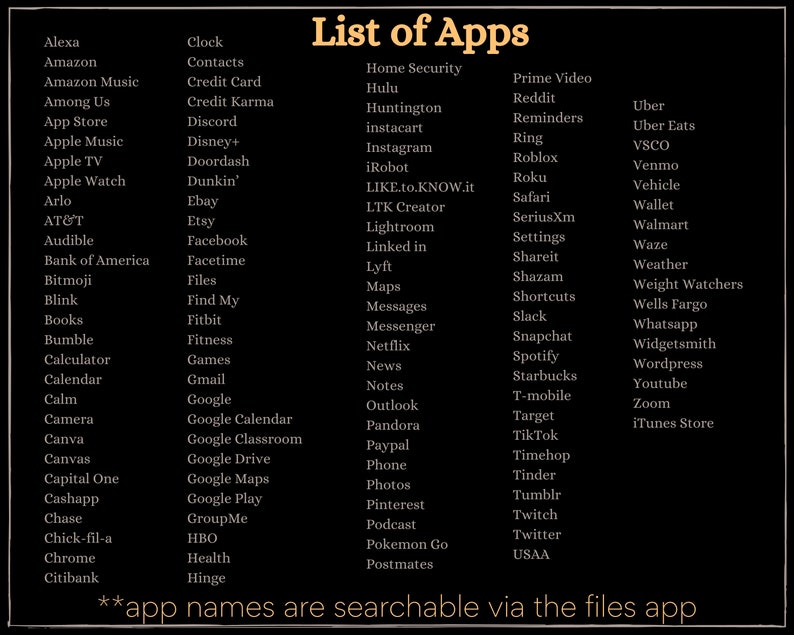 May include: A black and white list of popular apps, including social media, shopping, and financial apps. The list is titled "List of Apps" and includes a note at the bottom that says "app names are searchable via the files app".