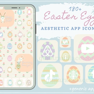 May include: A smartphone screen displaying a collection of 180+ Easter egg themed app icons. The icons are pastel coloured and feature various popular apps such as TikTok, YouTube, Starbucks, and Airbnb. The text "180+ Easter Egg Aesthetic App Icons" is displayed at the top of the screen.