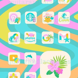 May include: A set of colourful summer-themed icons for social media. The icons feature a variety of summery elements, including palm trees, pineapples, flamingos, seashells, and a surfboard. The icons are arranged in a grid pattern on a background of swirling orange, yellow, pink, and blue lines.