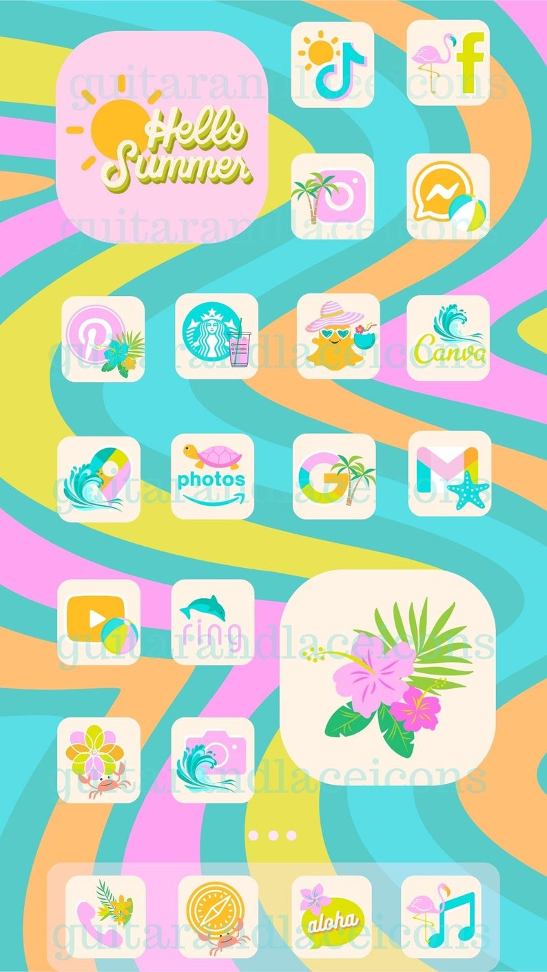 May include: A set of colourful summer-themed icons for social media. The icons feature a variety of summery elements, including palm trees, pineapples, flamingos, seashells, and a surfboard. The icons are arranged in a grid pattern on a background of swirling orange, yellow, pink, and blue lines.