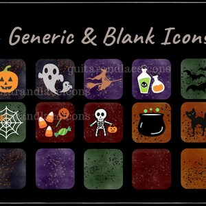 May include: A set of 16 Halloween themed digital icons. The icons are in a grid format and include images of a pumpkin, ghost, witch, potion bottles, bats, spider web, candy corn, skeleton, cauldron, and black cat. The icons are on a black background with a white border.