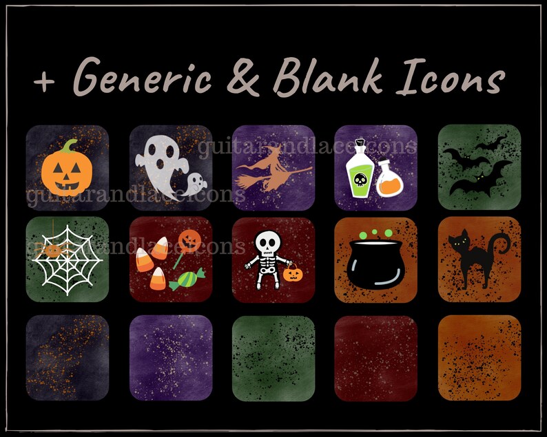 May include: A set of 16 Halloween themed digital icons. The icons are in a grid format and include images of a pumpkin, ghost, witch, potion bottles, bats, spider web, candy corn, skeleton, cauldron, and black cat. The icons are on a black background with a white border.
